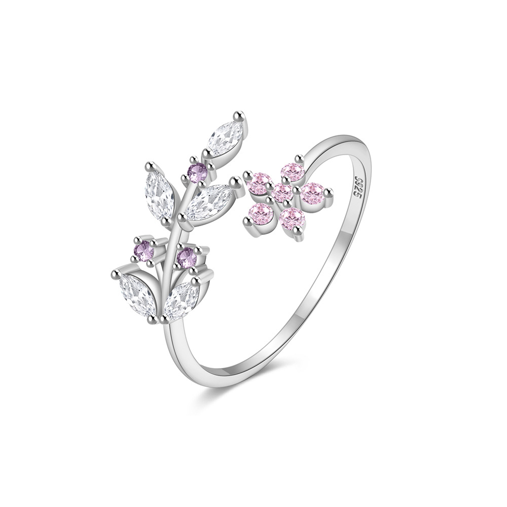 Plating, Inlay Design 925 Sterling Silver Zircon Leaves Rings