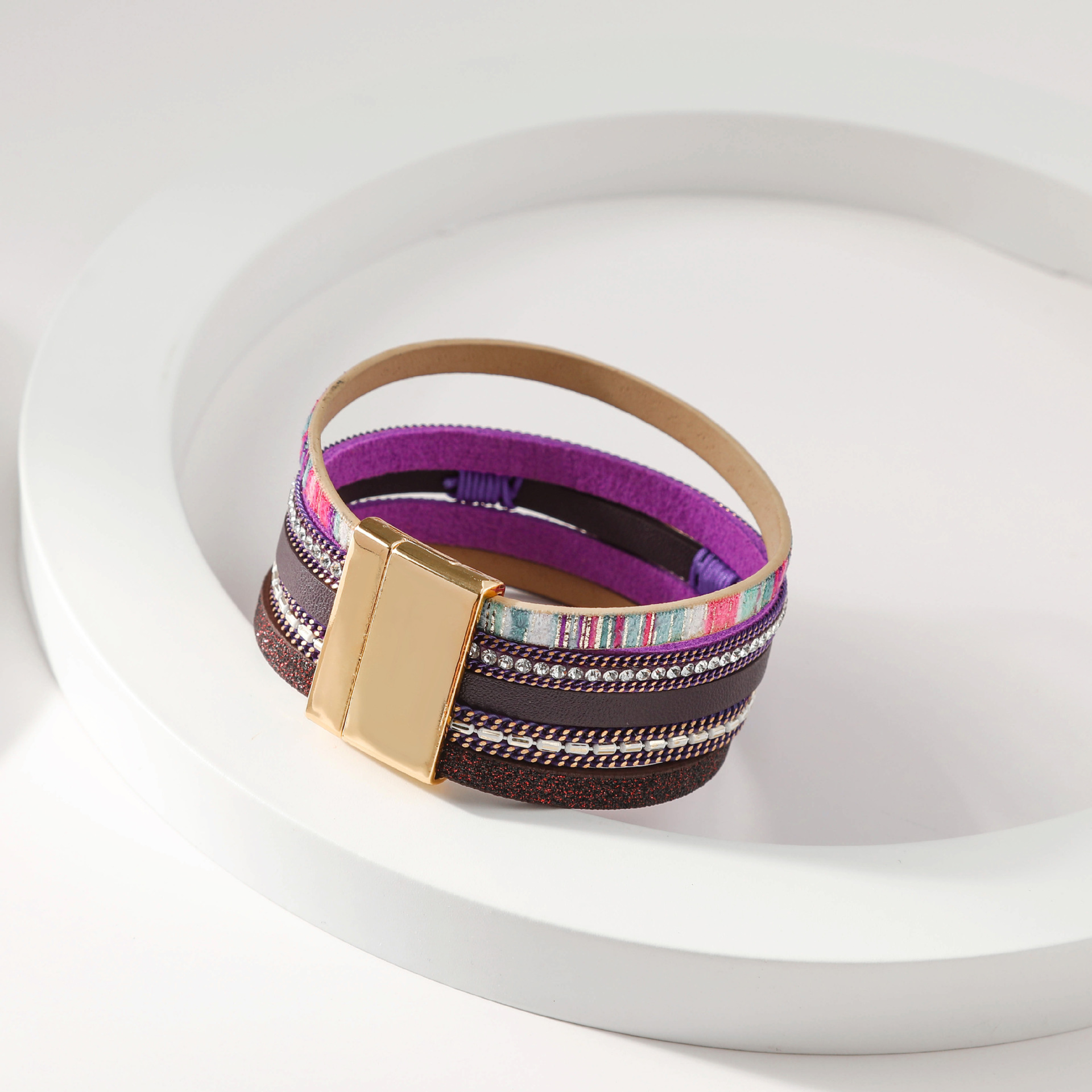 Fashion Round Pu Leather Inlay Rhinestones Womenu0027S Bangle 1 Piece