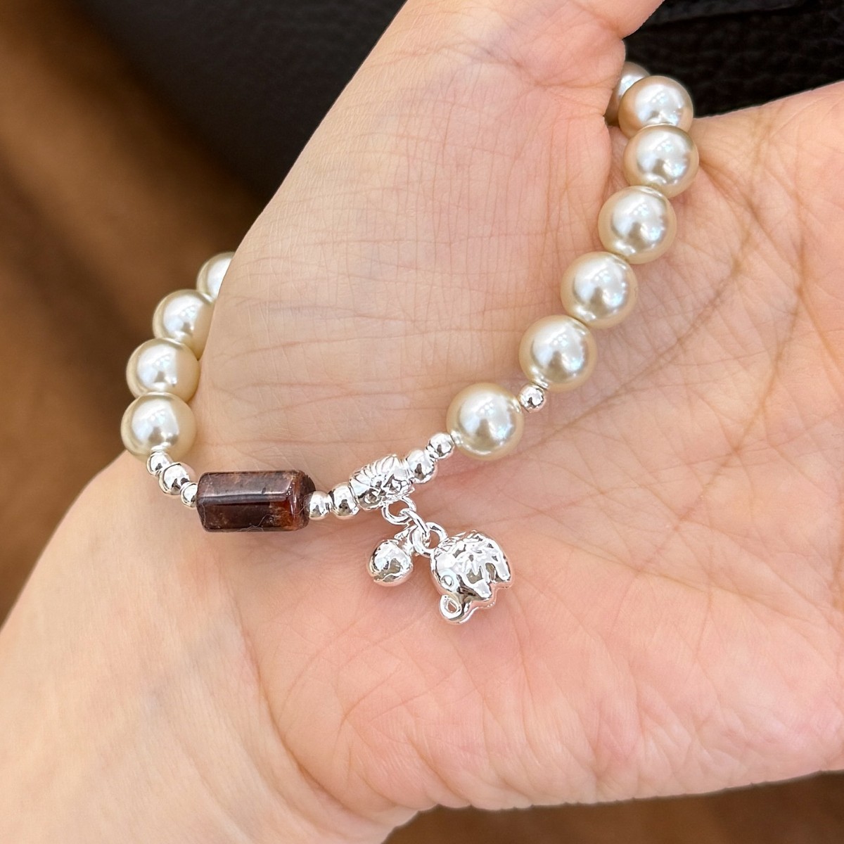 韩系ins小众设计可爱小象吊坠石榴石简约珍珠手串百搭高级感手饰