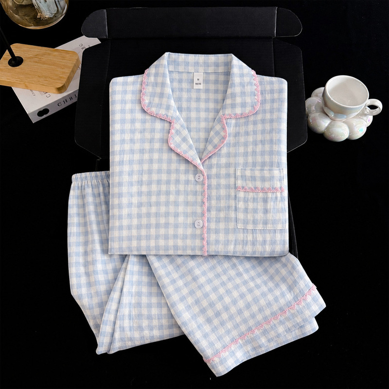 Spring and Autumn Cloud Cotton Pajamas for Women, Long Pants Set, Blue and White Plaid, Loose Fit, Petite Size, Trendy New Home Wear