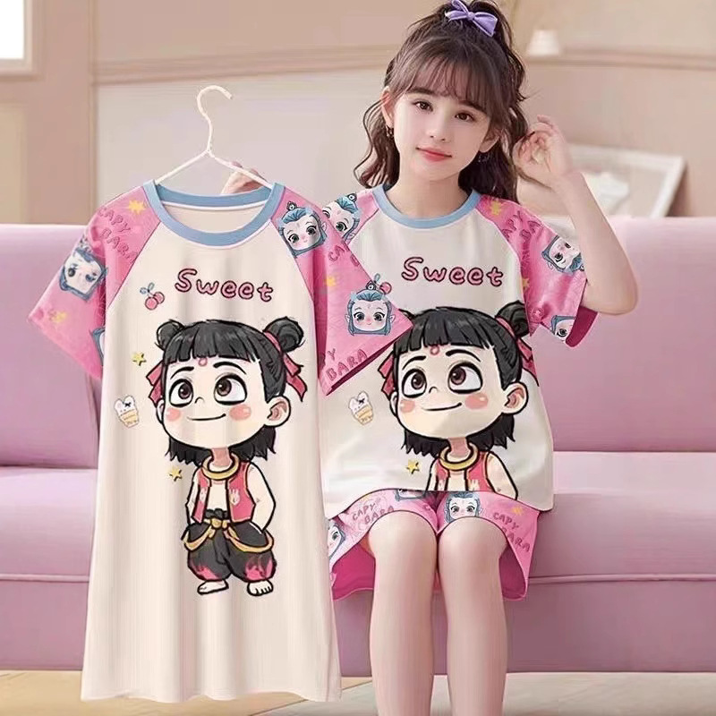 哪吒新款睡衣短袖三件套裙夏季时尚中大童儿童卡通女童家居服套装