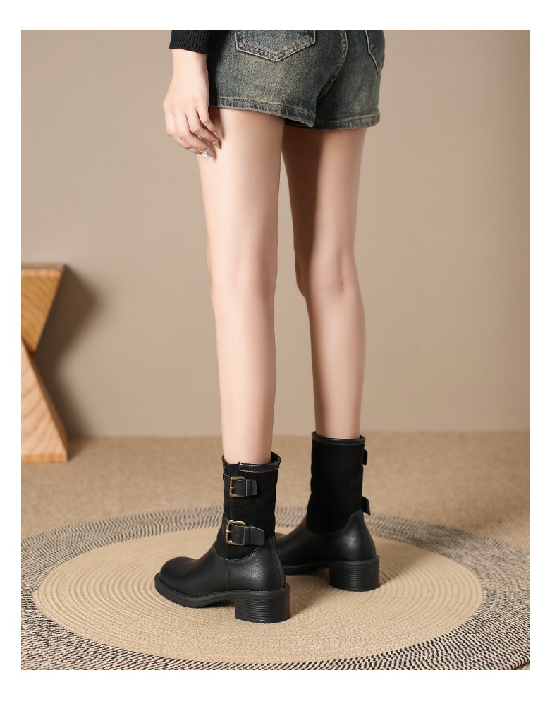 Vintage high-heeled booties Women's boots New fall/winter belt buckle mid-calf single boot chunky heel boots_voghion.com