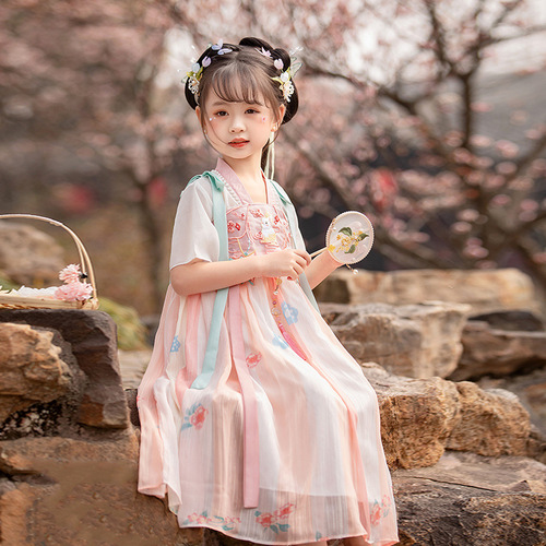 Jade Rabbit Summer New Short Sleeve Hanfu Dress Children's Chinese Style Skirt Internet Celebrity Baby Fairy Embroidery