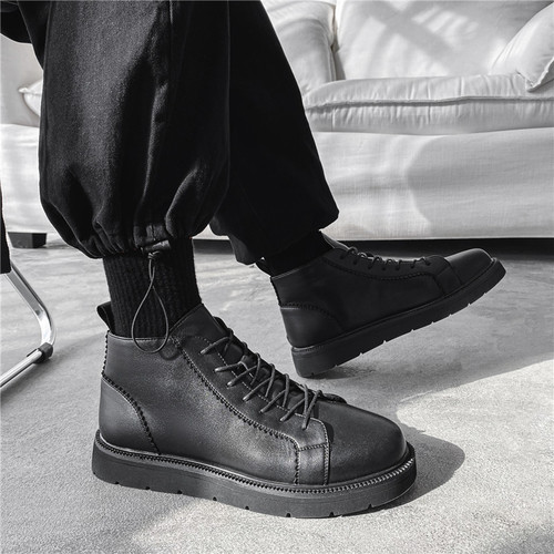 2020 Winter Strapless Solid Color Men's Casual Black Round Toe Flat Martin Boots D13-W