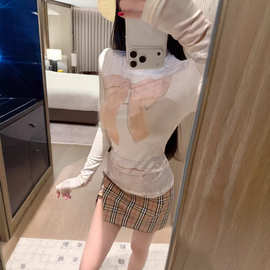 甜美温柔风蝴蝶结蕾丝印花长袖T恤女修身显瘦内搭打底衫上衣
