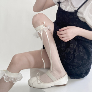 Summer ultra-thin Milky White any cut lace ribbon bow over-the-knee high socks pure girl lolita calf socks