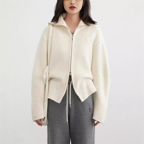 Cross-border lazy-style double zipper women's coat for 2025 autumn and winter, foreign trade loose high-end casual knit sweater