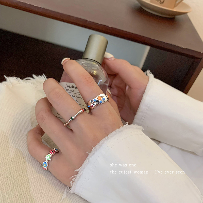 復古風彩色花朵星星開口戒指女小眾設計指環可調節個性手飾品夏天