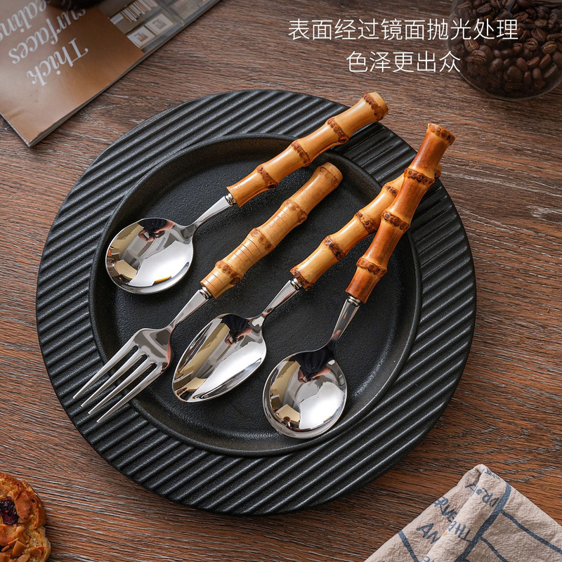 Cross-Border Hot-Selling Natural Bamboo Stainless Steel Tableware Real Bamboo Spoon Western Food Knife, Fork and Spoon Wooden Handle Tableware Set