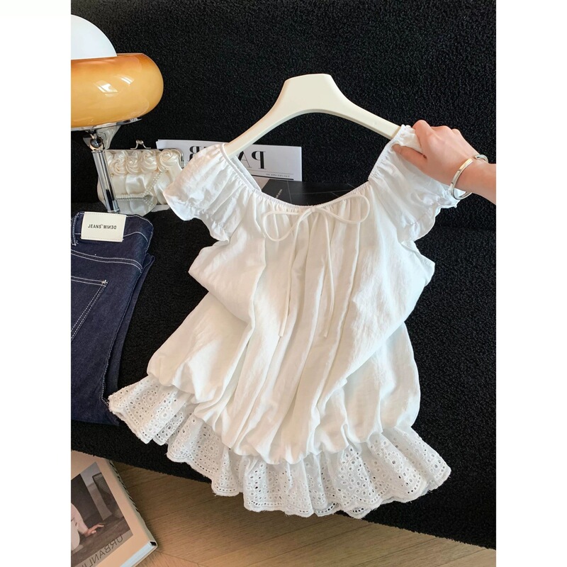 Blue bow one-shoulder shirt for women, summer niche design with lace splicing and faux two-piece puff sleeve top Blue bow one-shoulder shirt for women, summer niche design with lace splicing and faux two-piece puff sleeve top