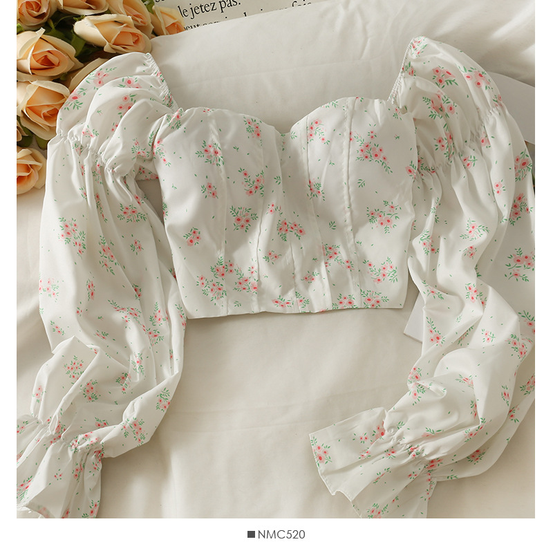 Floral Print Off-Shoulder Top Women's French Style Sweet Flared Unique Fit Collarbone Length Fitted Sleeves_ecoleips.com