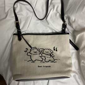 卡通小狗春日郊游托特包包女休闲手提单肩百搭帆布包工厂一件代发