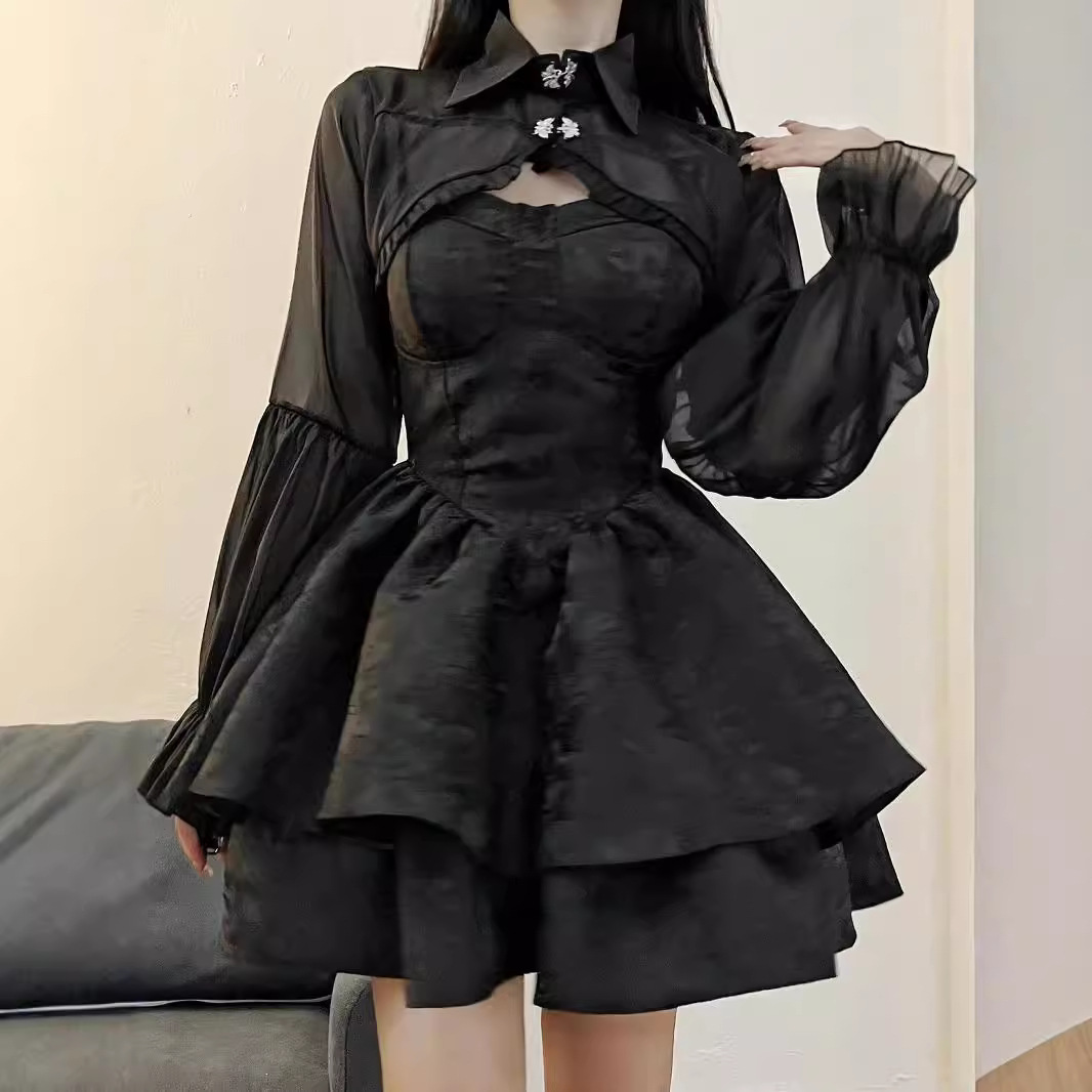 카디건 어깨 패션 봄과 여름 세트 달콤한 쿨 스파이스 소녀 우아한 리틀 블랙 원피스 중공업 자카드 스트랩 폰테 원피스