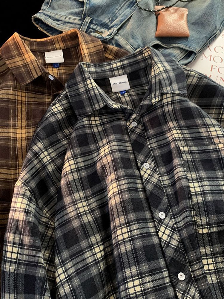 Autumn Hong Kong Style Plaid Shirt Men's Handsome High-end Long-sleeved Shirt Trendy Brand Japanese Style Thin Jacket