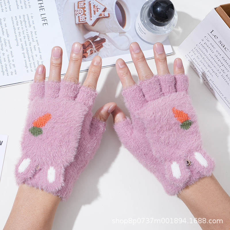 Invierno de las mujeres cálido forrado de lana engrosada estudiante escritura de moda montar lindo punto medio dedo flip guantes de dibujos animados