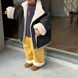 儿童小花两面穿羊羔毛外套2025冬装新款男女童波点可抽绳棉服