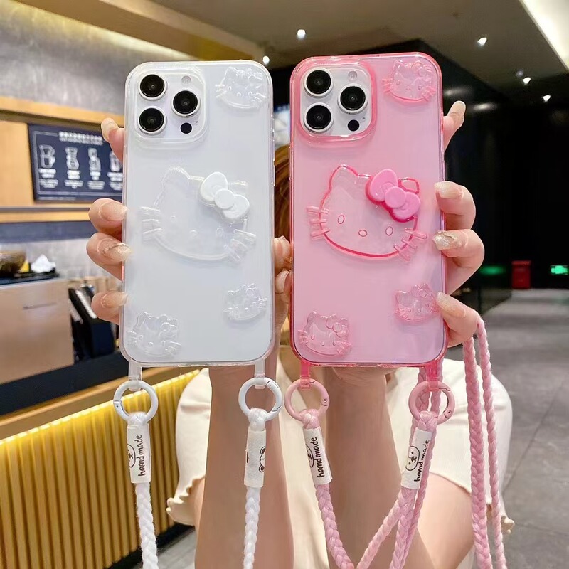Suitable for IP16promax Cheap New Hot Sale Through Color TPU Cute Cartoon KT Cat Lanyard All-inclusive Mobile Phone Case