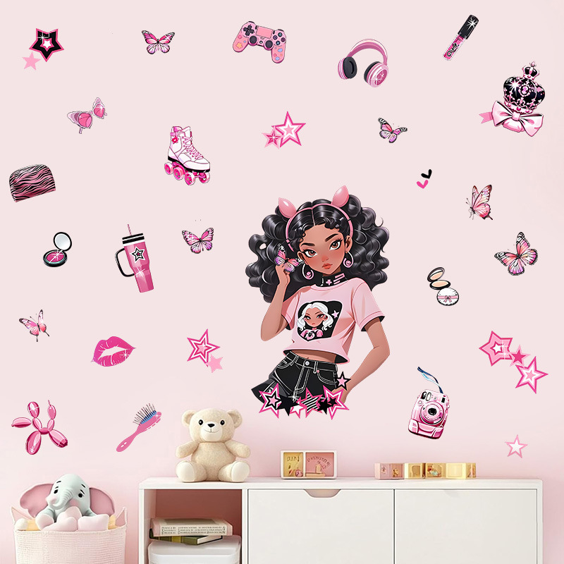 黑人女孩卧室墙贴跨境墙贴励志自信儿童房贴画蝴蝶卡通手柄墙贴