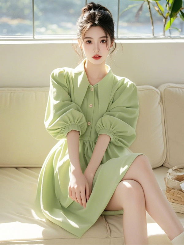 法式温柔甜美风爆款泡泡袖衬衫连衣裙女2025春季新款收腰显瘦中裙|undefined