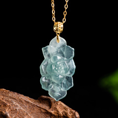Natural A Quality Jadeite Blue Water Lotus Pendant 18K Gold Set Ice Crystal Lotus Jade Necklace for Women
