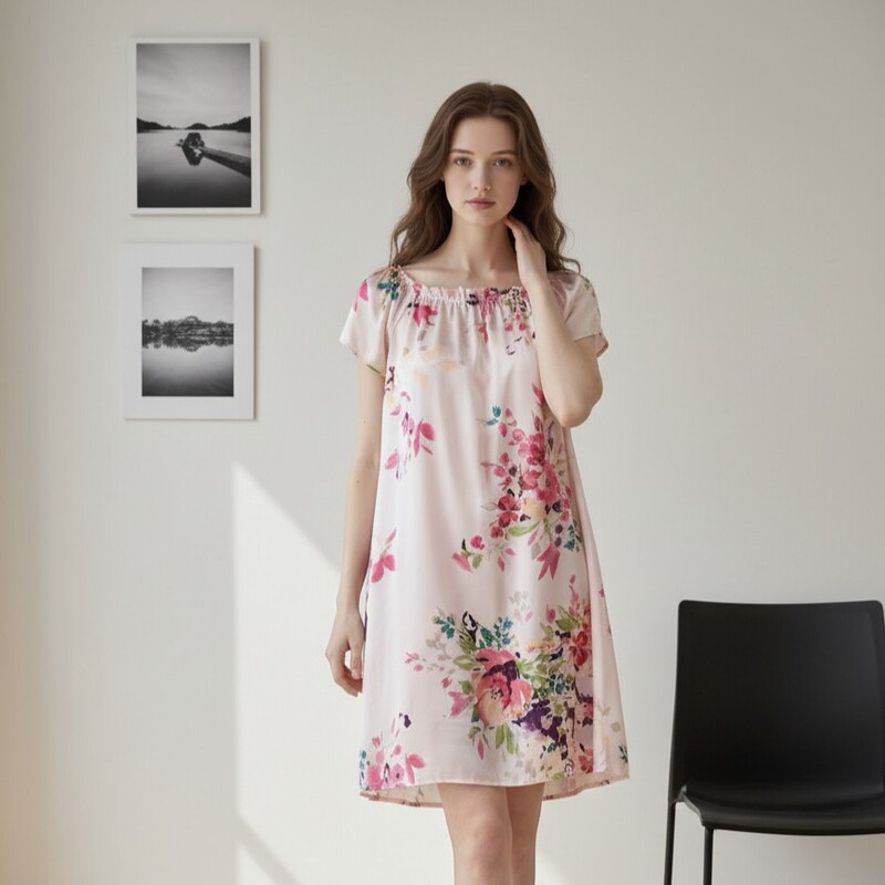 Factory Spring and Summer Loose Silk Nightgown Mulberry Silk Printed Silk Pajamas Short-sleeved Women's Summer Casual Princess Dress 109B Factory Spring and Summer Loose Silk Nightgown Mulberry Silk Printed Silk Pajamas Short-sleeved Women's Summer Casual Princess Dress 109B