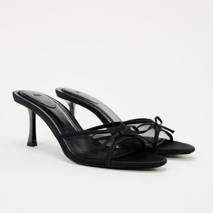 Za2026 New Women's Shoes Black Bow High Heels Women's Summer Open-Toe Sandals Thin Heel Outdoor Half Slippers