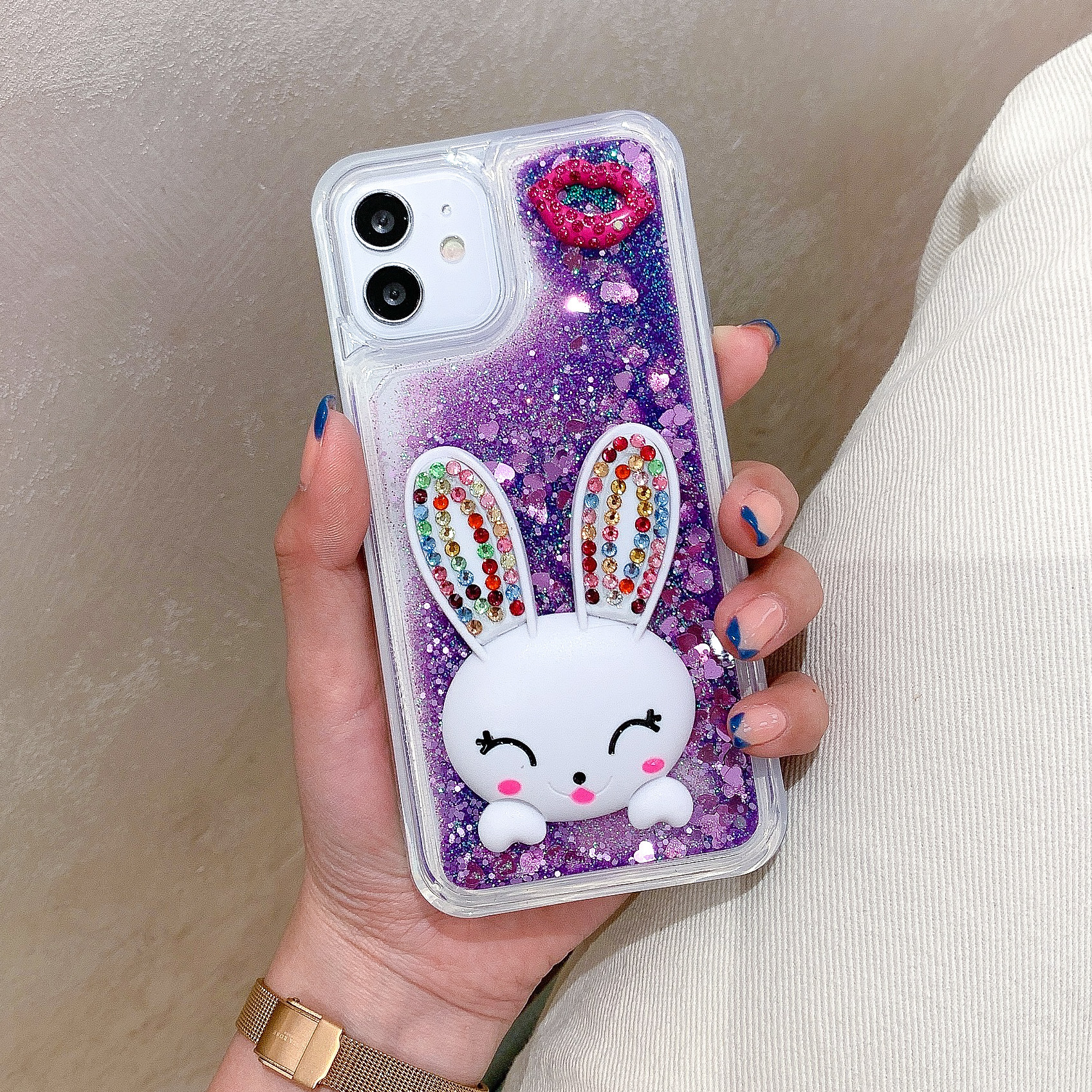 Convient pour étui de téléphone Apple 12 Promax, support de lapin à lèvres rouges, 11 dessins animés, 8 strass, 13 sables mouvants x_voghion.com