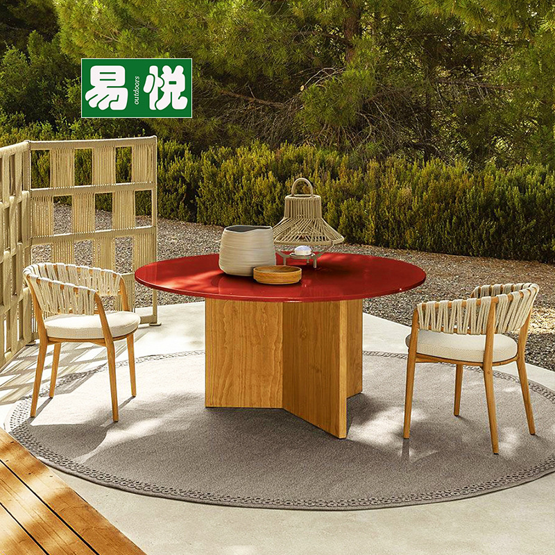 Mesas y sillas de comedor de madera maciza al aire libre, protección contra la lluvia y protección solar, hotel, restaurante al aire libre, tejido de ratán, teca, una mesa, seis sillas, patio