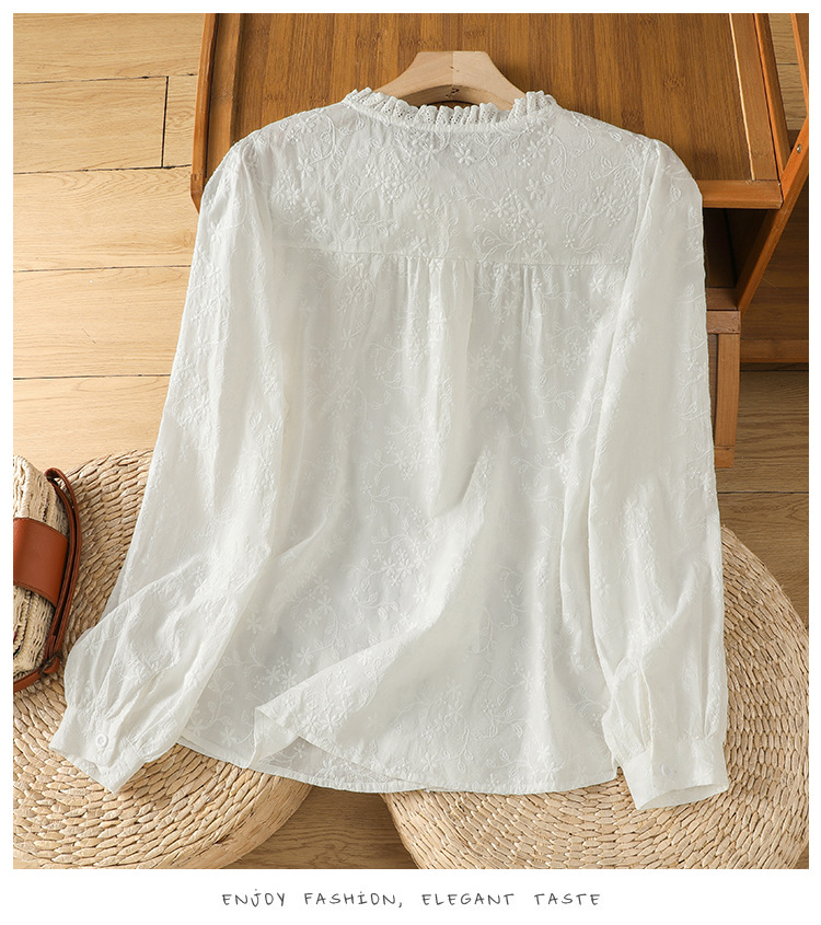 Camicia donna a maniche lunghe in cotone con pizzo e ricami_voghion.com