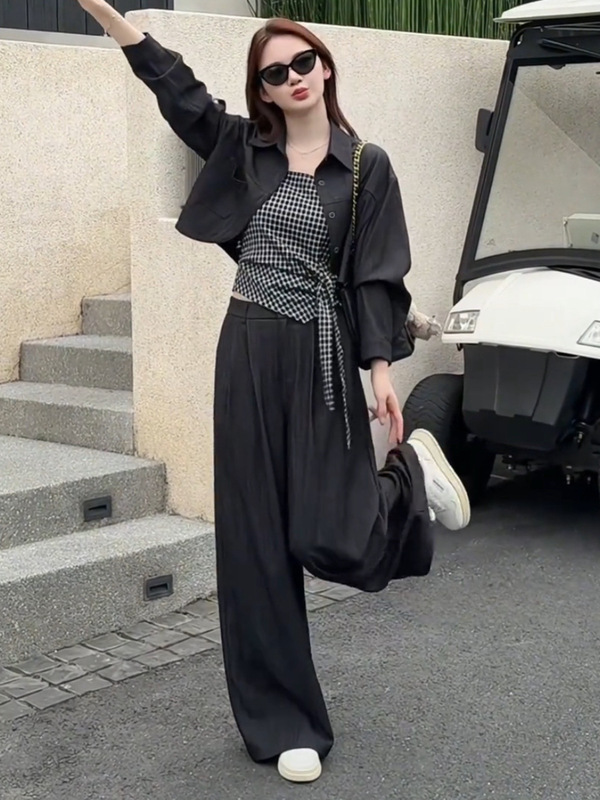 初秋超火穿搭一整套装女韩系气质松弛感格子背心外套阔腿裤三件套|undefined