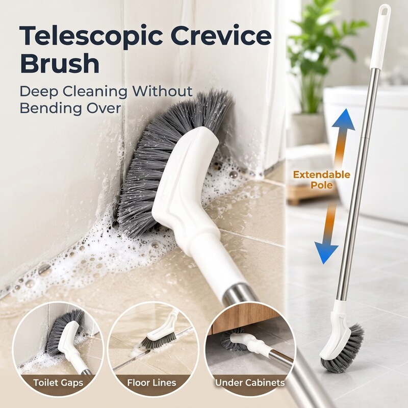 Extendable cleaning brush for home use, designed for cleaning window and floor crevices, with a narrow body and long handle, ideal for bathrooms and other areas with tight spaces Extendable cleaning brush for home use, designed for cleaning window and floor crevices, with a narrow body and long handle, ideal for bathrooms and other areas with tight spaces