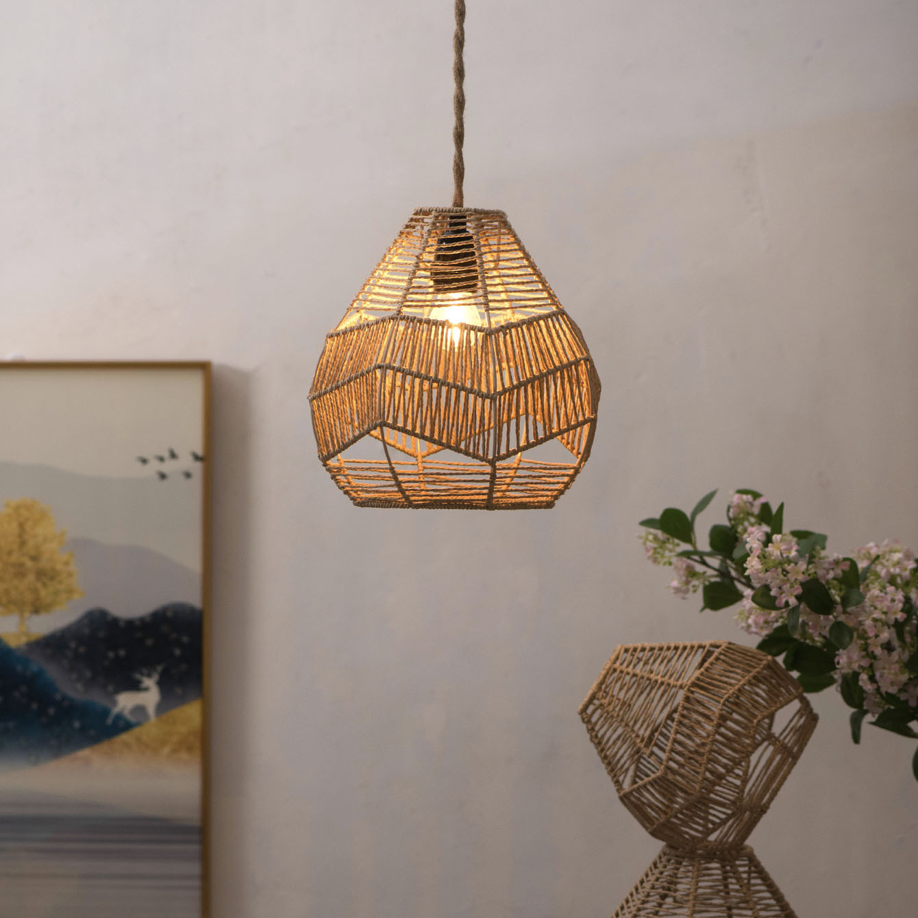 Cuerda de papel tejida a mano, pantalla, candelabro retro de ratán de imitación, estilo pastoral, arte de ratán, casa de familia, salón de té, restaurante, iluminación creativa
