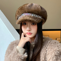 帽子女秋冬仿水貂毛彩链贝雷帽加绒加厚防风保暖帽文艺复古八角帽