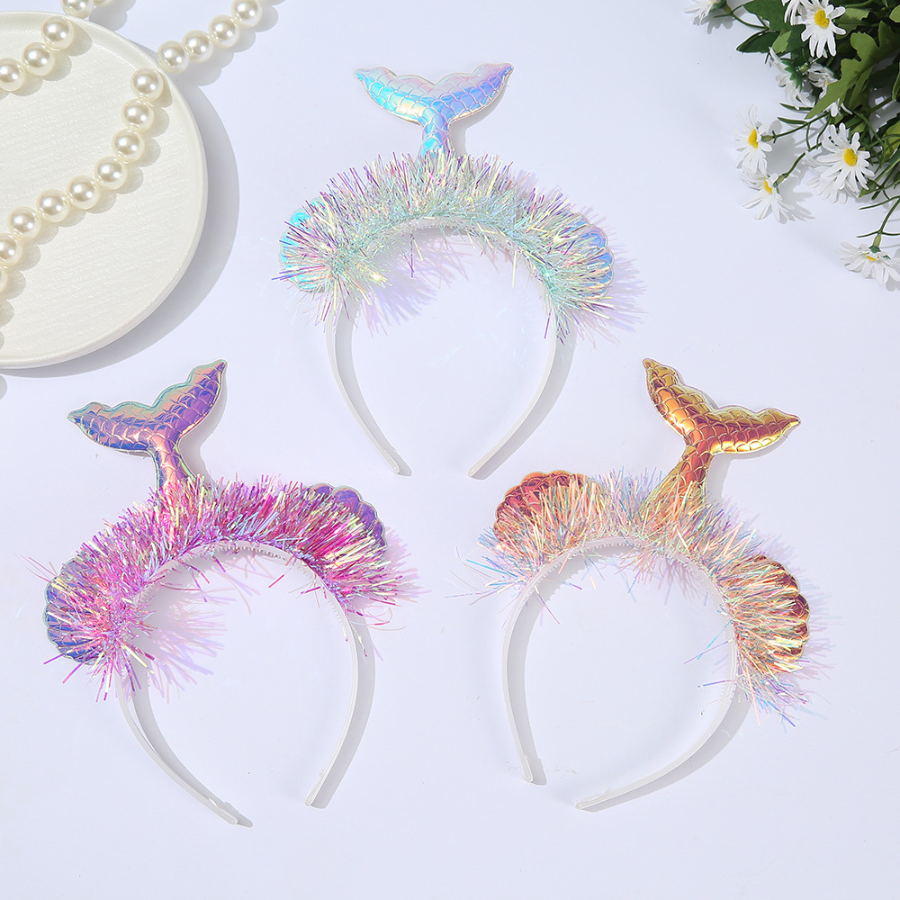 亚马逊新款美人鱼尾发箍儿童派对装扮发饰鲸鱼尾彩丝发箍厂家批发