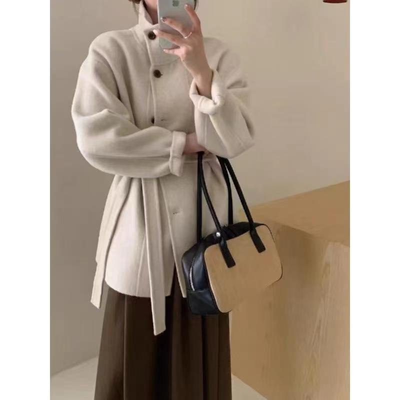 2024新型ヘボン風両面ウールコート女性韓国版学院風小柄で痩せ毛が見えるコート立襟