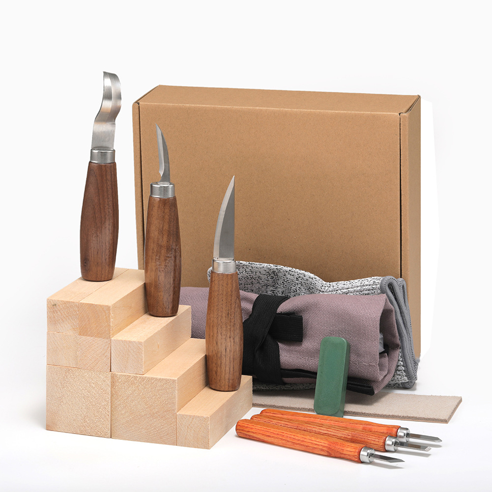 18件套圆柄胡桃木铬钒钢 雕刻刀 刮木刀 勺子刀 木工雕刻刀套装