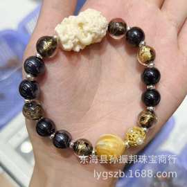 新款金箔琉璃黑色文玩大黑天黑瓷金箔琉璃黄玉显白手链手串礼物