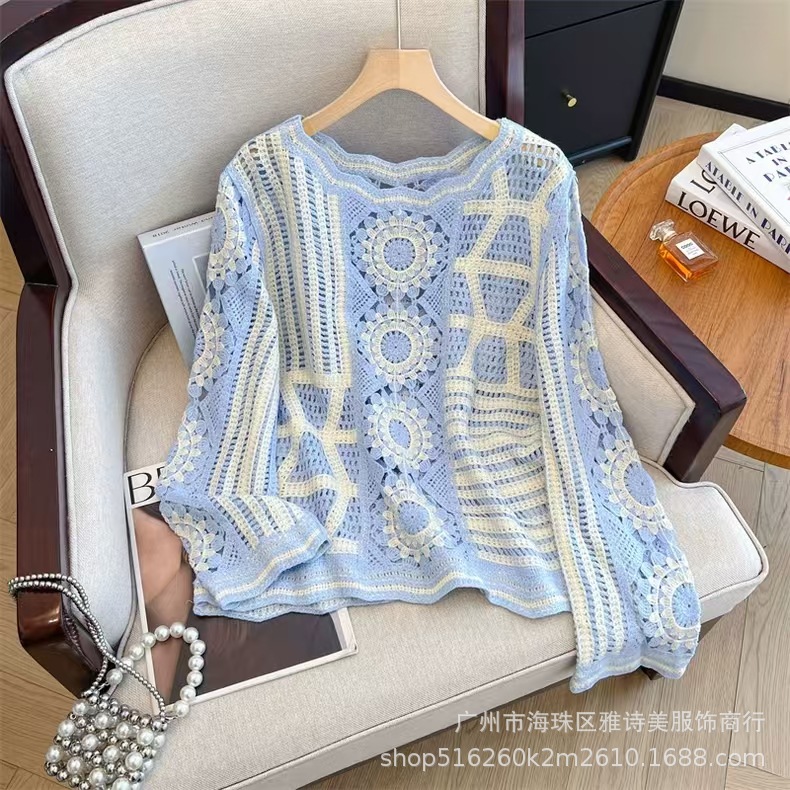 French Crochet Hollow Design Knitted Sweater for Women, Autumn Fashion, Stylish Loose Outerwear, Long-Sleeve Blouse Top Trendy