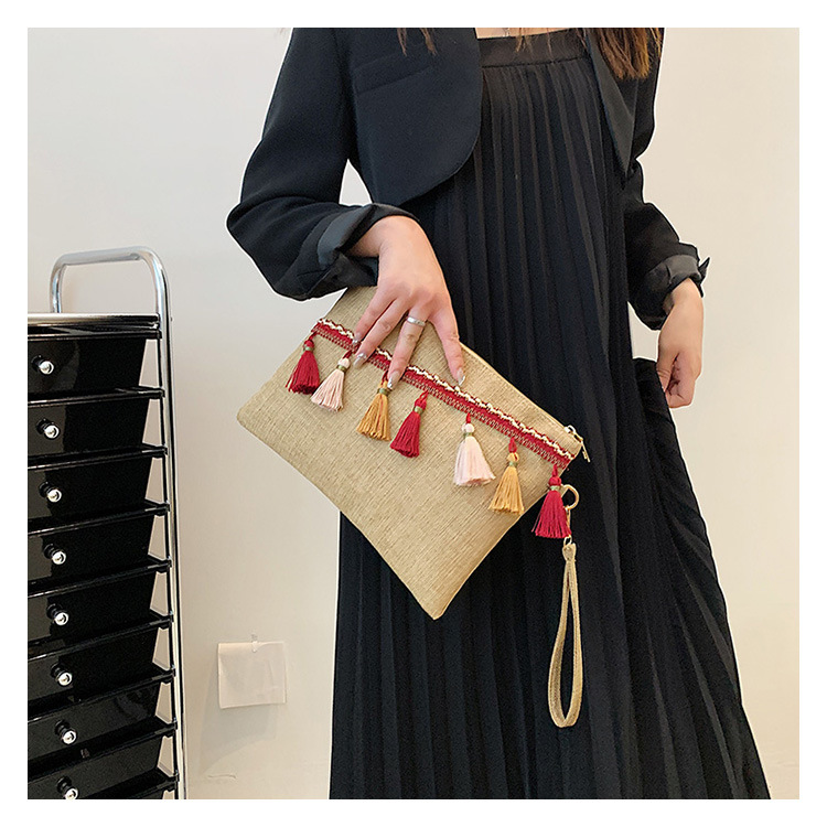 110g Weight Polyester Lining Material Zipper Closure Type Single Shoulder Strap Strap Type Clutch Bag Bags Type Red Blue Straw Tassel Solid Color Square Evening Bags