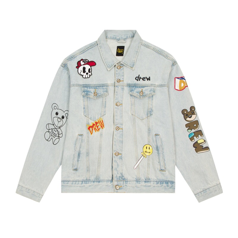Fashionable Brand Drewhouse21Fw Smiling Alien Multi-Element Badge Patchwork Illustration Denim Jacket for Men