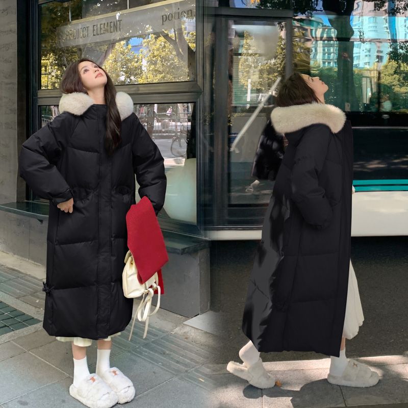 Gran abrigo de algodón de plumón largo de cuello de cabello para mujeres 2024 nuevo abrigo de algodón suelto de invierno grueso chaqueta de rodilla