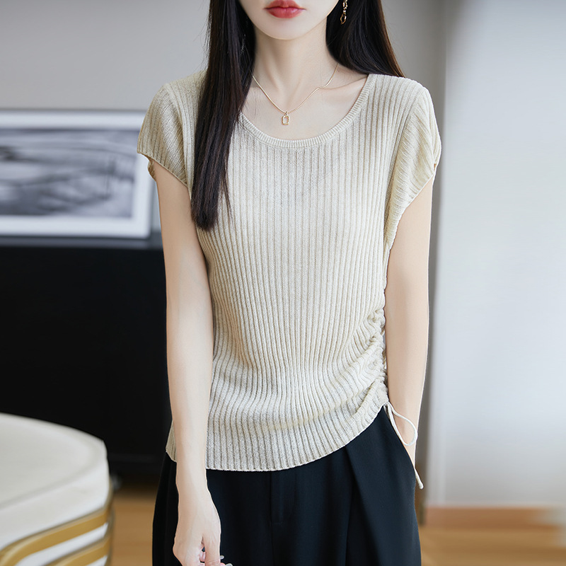 Tencel Linen Slim-Fit Drawstring Round-Neck Knit Short-Sleeve Women's T-Shirt, Thin Flutter-Sleeve Short-Sleeve Top for Women, Summer Base Layer Tencel Linen Slim-Fit Drawstring Round-Neck Knit Short-Sleeve Women's T-Shirt, Thin Flutter-Sleeve Short-Sleeve Top for Women, Summer Base Layer