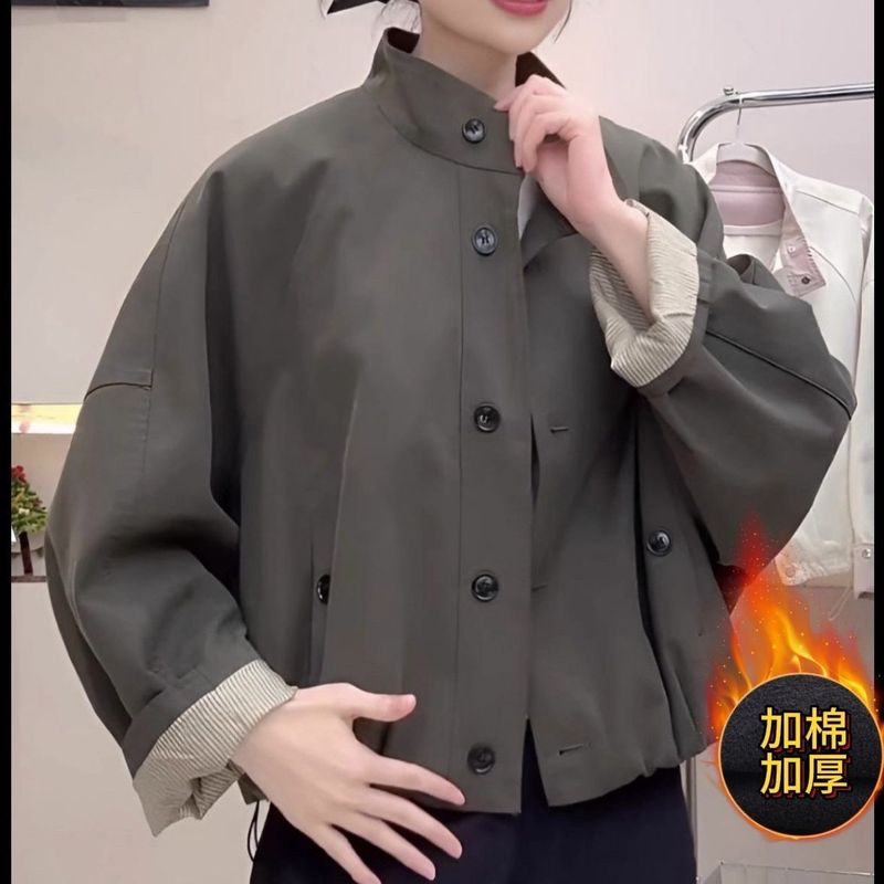 欧货英伦风立领夹克外套女2025新款宽松休闲内里条纹短款风衣上衣|undefined