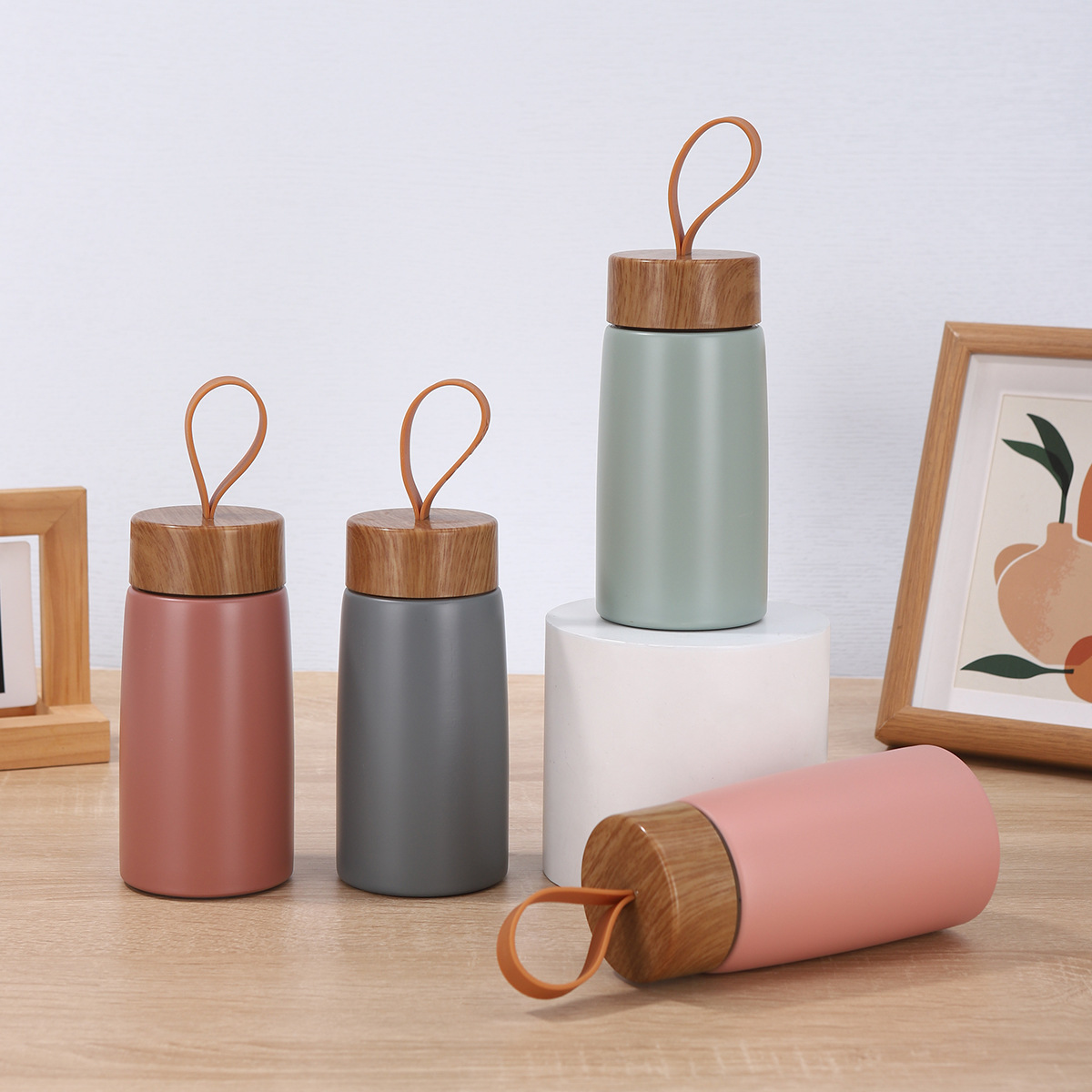 Taza térmica de acero inoxidable 304 - Doble capa al vacío - Tapa de madera estilo japonés - Portátil y mini - Ideal para regalo