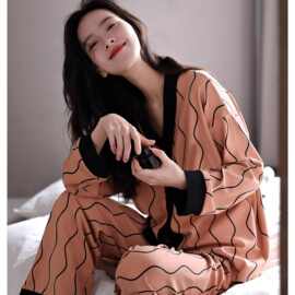 新款复古两开衫件套女士家居服春夏秋长袖长裤睡衣套装女跨境货源