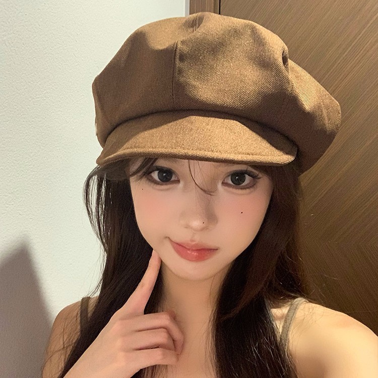 简约咖色贝雷帽女春秋日系复古百搭八角帽大头围显脸小画家帽子潮|undefined