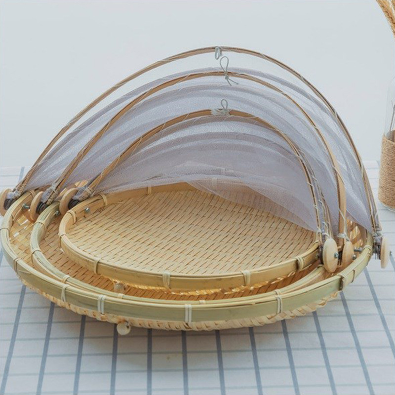 竹製品乾貨晾曬竹編簸箕竹編框 家用防蒼蠅網罩竹籃防蚊竹筐批發