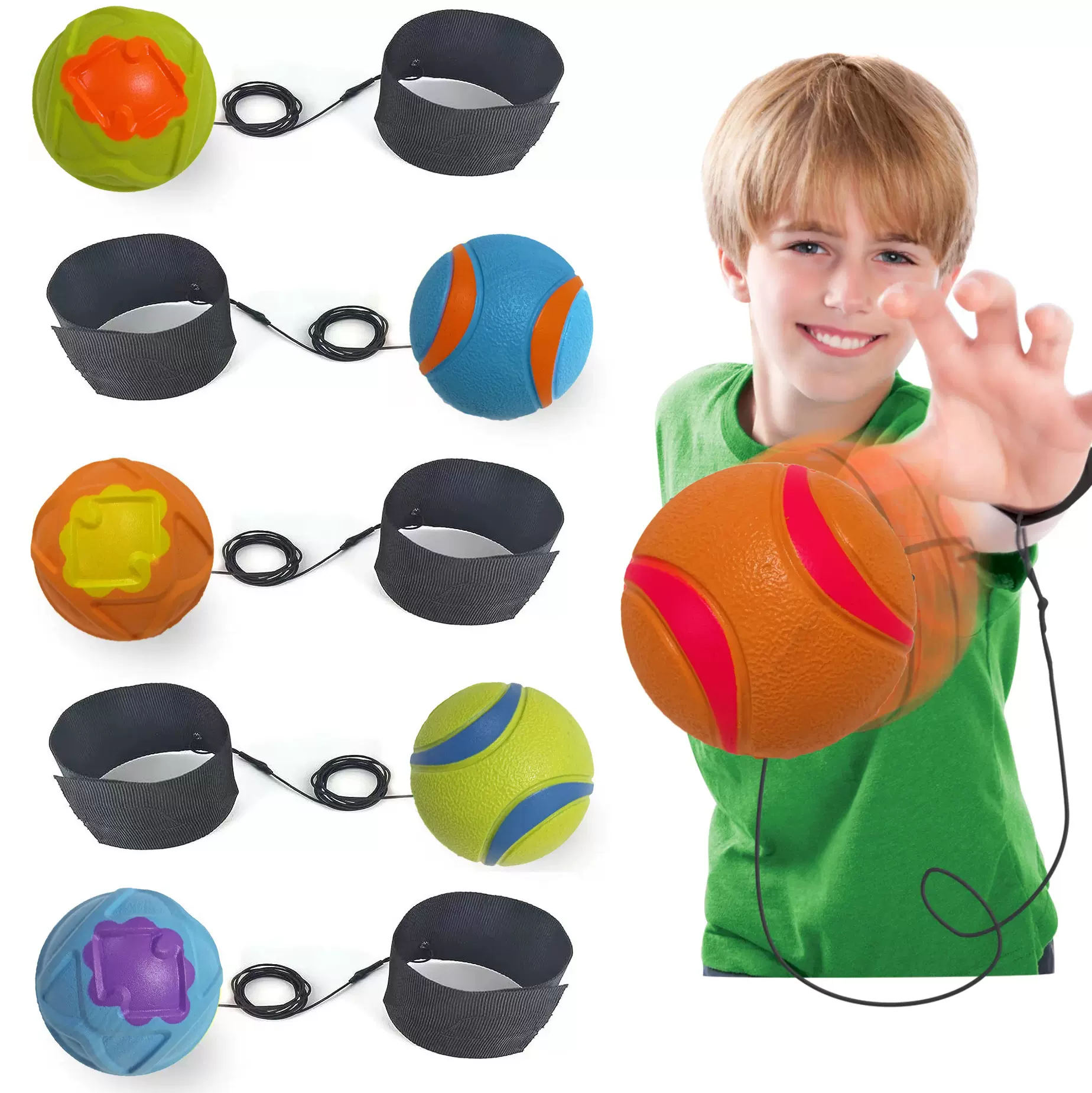 63mm橡胶手腕球四款荧光篮球手抛弹力球实心发泡穿绳回弹球外贸