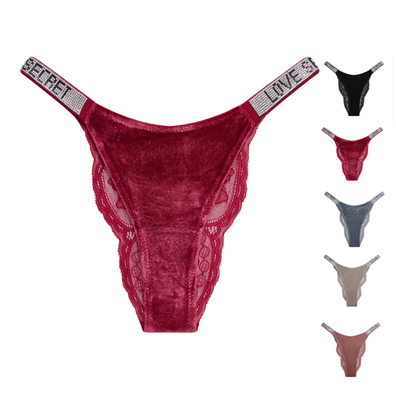 European and American Style Sexy Rhinestone Thong for Women, Velvet Splicing Lace Trim, Sexy Breathable Women's T-Back Panties Thong European and American Style Sexy Rhinestone Thong for Women, Velvet Splicing Lace Trim, Sexy Breathable Women's T-Back Panties Thong