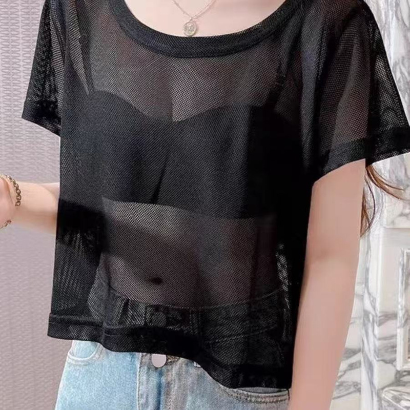 Breathable Short Mesh Dress for Plus-Size Women, Summer Thin Camisole Dress with Overlay Blouse, Short-Sleeve Top, Sheer T-Shirt